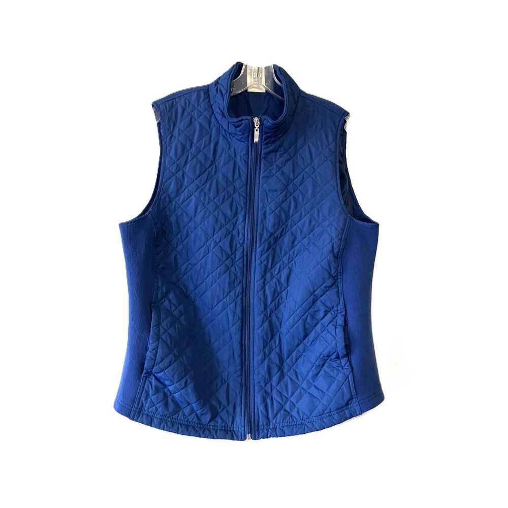 Blair Womens Size Large Blue Quilted Vest Ribbed Stretch Side Panels Full Zip